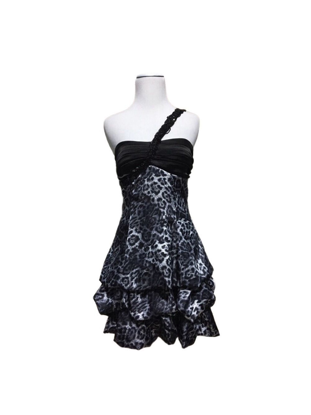 TABOO one shoulder animal print bubble skirt dress Jr 5/6 tiered bubble skirt